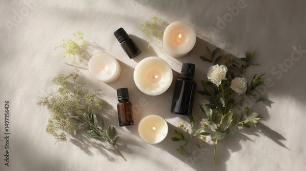 Obraz flat lay arrangement featuring various aromatic candles and essential oils arranged elegantly on soft fabric