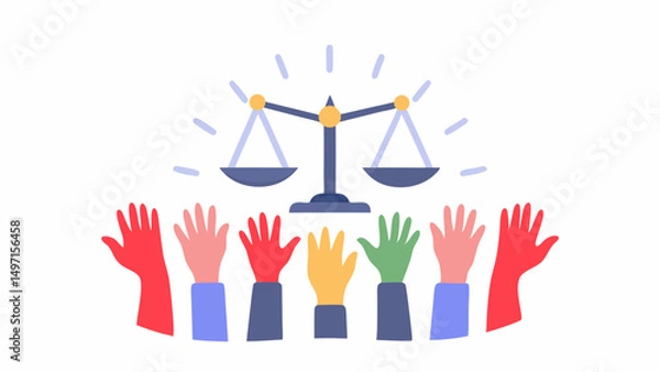 Fototapeta Illustration of scales of justice above diverse raised hands symbolizing equality and fairness for all