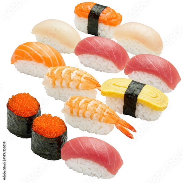 Fototapeta Assorted sushi nigiri and maki set isolated on transparent background