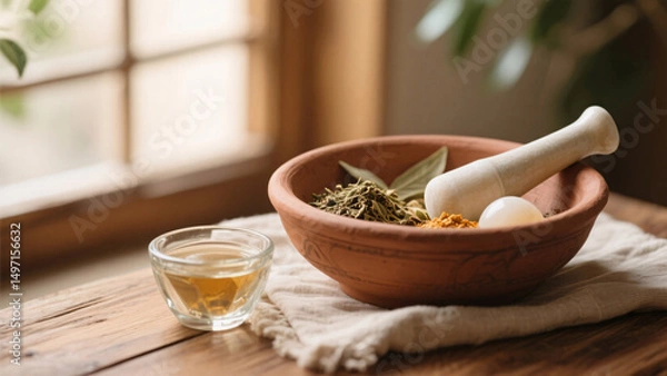 Obraz Natural skincare ritual with Ayurvedic herbs in a clay bowl, surrounded by eco-friendly materials like linen fabric, wooden elements, recycled glass, and soft window lighting