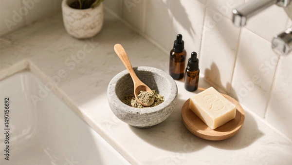 Obraz Minimalist top view of eco-friendly zero-waste bathroom counter with Ayurvedic natural skincare products, wooden spoon, herbal powder, stone bowl, essential oils, and soap bar