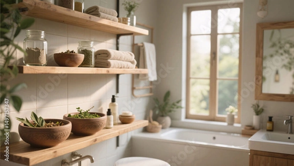 Obraz Natural light fills eco-friendly bathroom with wooden shelves, ceramic bowls of Ayurvedic herbs and clays, glass jars, soft towel textures, creating detox skincare sanctuary