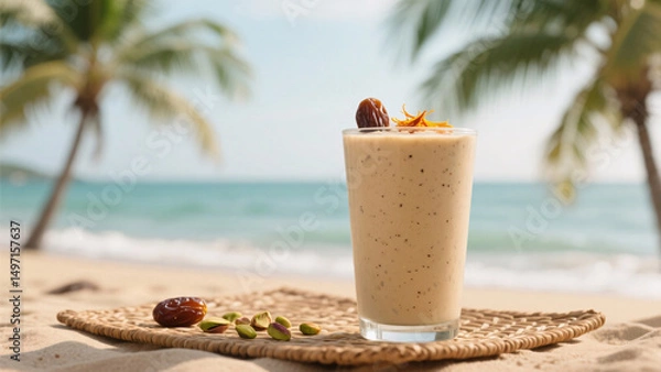 Obraz Exotic creamy Ayurvedic date shake with saffron threads and crushed pistachios served in tall glass on woven mat by sandy beach, coconut trees and sea softly blurred, warm breeze