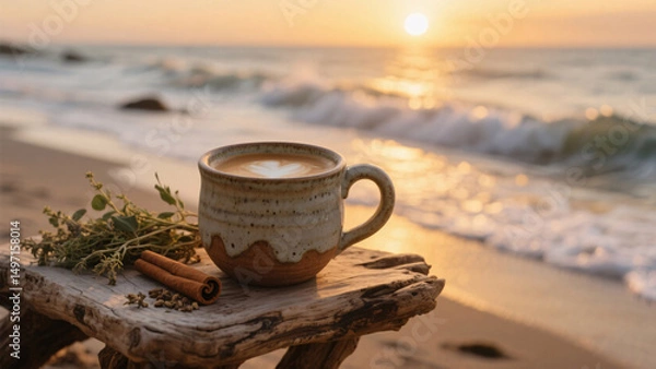 Obraz Golden sunset light illuminates warm ashwagandha latte in ceramic handmade mug on rustic driftwood table by beach with ocean waves, cinnamon sticks, and raw herbs nearby, peaceful scene