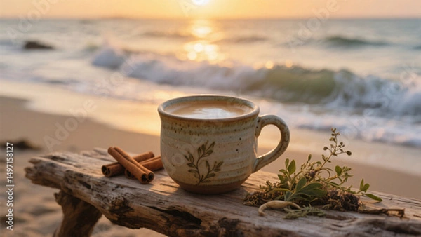 Obraz Warm ashwagandha latte in handmade ceramic mug on driftwood table by beach, with ocean waves, golden sunset light, cinnamon sticks, and raw herbs nearby, cozy natural scene