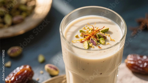 Obraz Creamy Ayurvedic date shake with saffron and cardamom, served in tall clear glass, topped with golden saffron threads and crushed pistachios, bathed in warm side sunlight