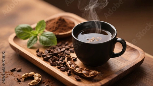 Obraz Matte black teacup with steaming mucuna pruriens herbal tea, cacao nibs, dried mucuna powder, basil arranged on wooden tray, natural soft lighting in photorealistic detailed composition