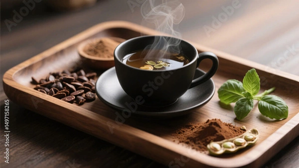 Obraz Serene photorealistic scene of herbal mucuna pruriens tea in matte black cup with cacao nibs, dried powder, basil on wooden tray, soft lighting emphasizing natural organic wellness