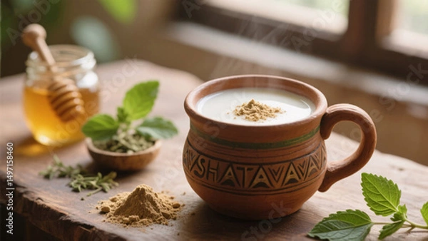 Obraz Warm Ayurvedic drink with shatavari powder and milk served in handcrafted mug, accompanied by honey jar, powdered herbs, and tulsi leaves, under soft window light, natural earthy colors
