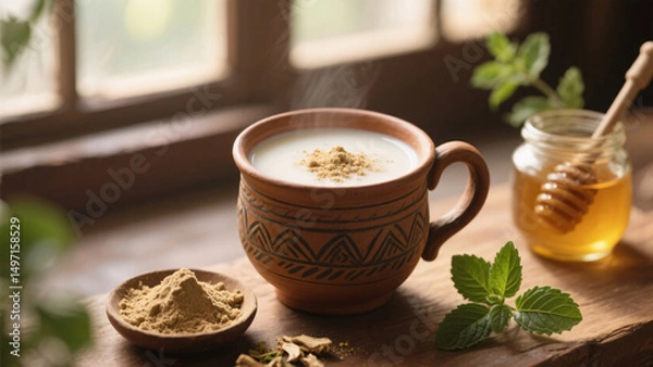 Obraz Close-up photorealistic image of Ayurvedic shatavari milk drink in handmade mug, with powdered herb, honey jar, and tulsi leaves nearby, warm earthy lighting, soft window glow