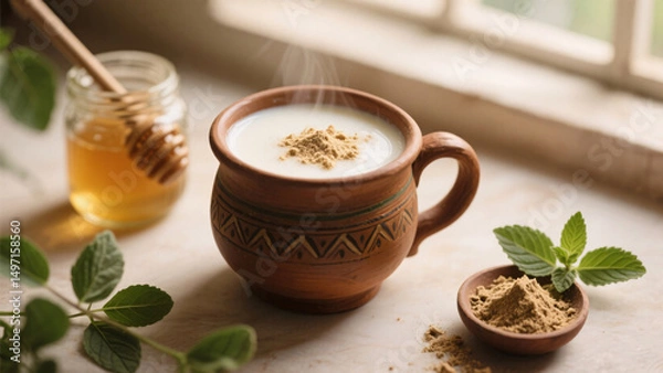 Obraz Photorealistic close-up of warm Ayurvedic drink with shatavari powder and milk in handcrafted mug, surrounded by powdered herbs, honey jar, tulsi leaves, soft window light, earthy tones