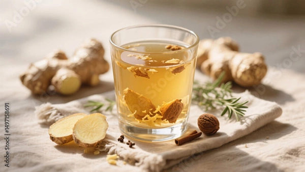Fototapeta Photorealistic image of Ayurvedic tonic with ginger, honey, and nutmeg in clear glass, grated root and floating spices visible, placed on linen cloth with sliced ginger and fresh herbs