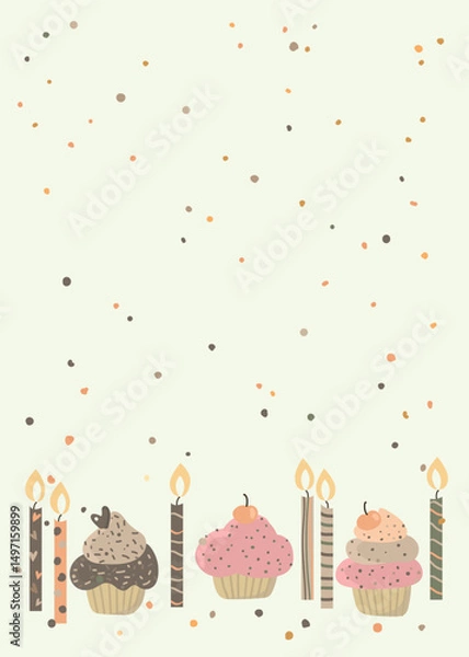 Fototapeta Happy birthday with gold confetti and cupcakes 12