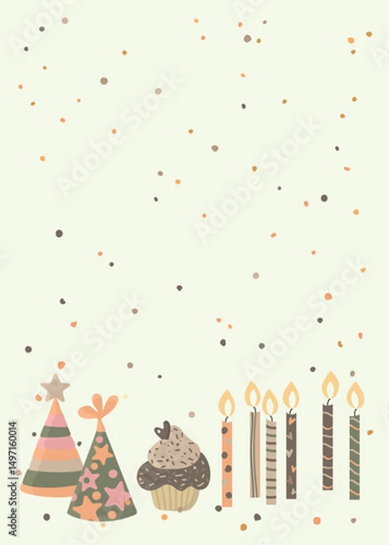 Fototapeta Happy birthday with gold confetti and cupcakes 14