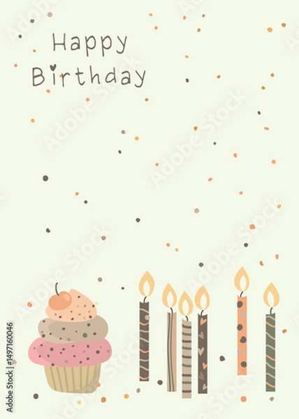 Fototapeta Happy birthday with gold confetti and cupcakes 15