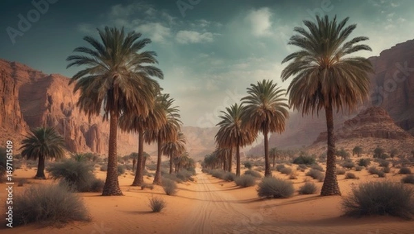Fototapeta A desert landscape with palm trees lining a dirt path, rocky mountains in the background, under a cloudy sky.