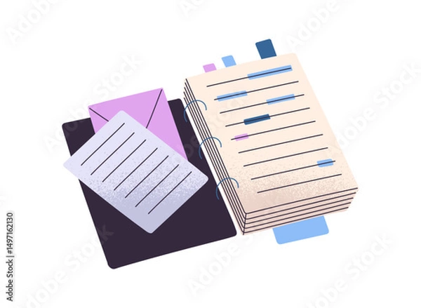 Fototapeta Icon of paper notebook with writings. Open ring binder, note book with spiral wire, bookmarks. Organizer, planner, notepad for ideas, thoughts. Flat isolated vector illustration on white background
