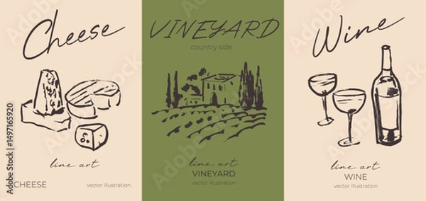 Obraz Line art illustrations, vineyard, wine tasting poster templates