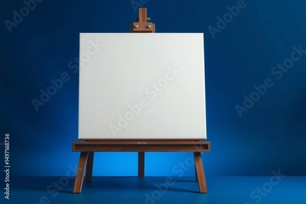 Fototapeta blank canvas mounted on a wooden easel in a dark blue solid background,painter,stand,frame.