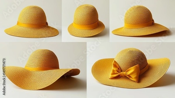 Fototapeta Yellow Straw Sun Hats with Wide Brim and Bow Displayed on White Background
