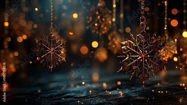 Fototapeta Golden Snowflake Ornaments with Christmas Decor, and Festive Background.