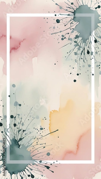 Fototapeta Soft watercolor background with abstract floral splashes and a white rectangular frame, perfect for wedding invitations, spring events, or elegant stationary in a delicate style.