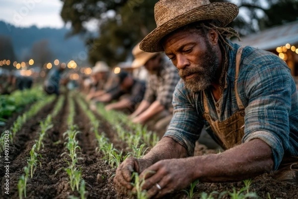 Obraz A senior African man with a beard plants seedlings in a field. He wears a straw hat and an apron. Other farmers work in the background, cultivating crops.