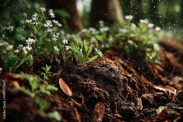 Obraz Close-up of soil with small white flowers and green plants. Water droplets are falling, creating a fresh and vibrant atmosphere in a forest setting.