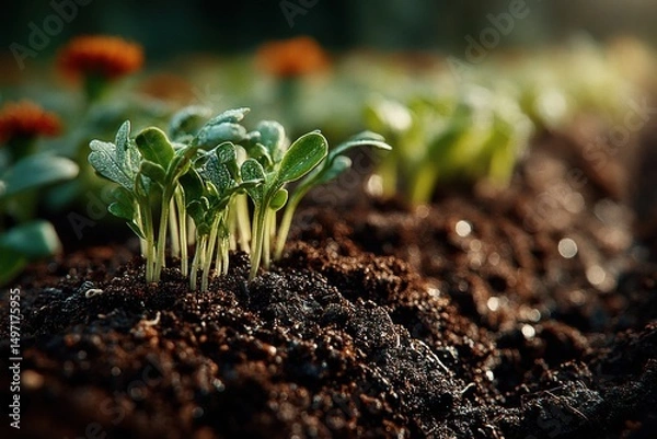 Obraz Close-up of young green seedlings emerging from rich brown soil. Bright orange flowers are visible in the background, indicating a vibrant garden scene.