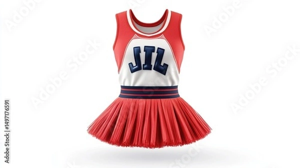 Obraz Red and white cheerleading outfit, sleeveless top with navy lettering, and a full tutu skirt