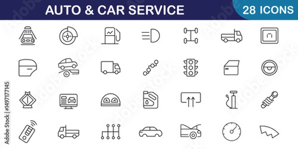 Fototapeta Auto and car service maintenance icon set. Car, wash, shop, oil, diagnostic, engine, repair and tire collection. Set of 28 auto service and garage web icons in line style. Vector illustration.