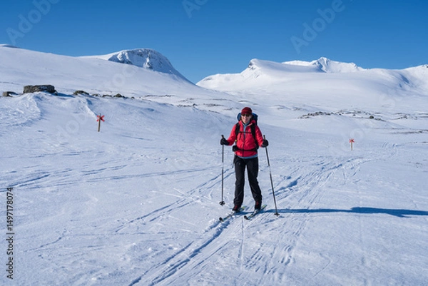 Fototapeta Woman enjoying a beautiful day cross-country skiing the Sylarna mountainrange. Sweden.
