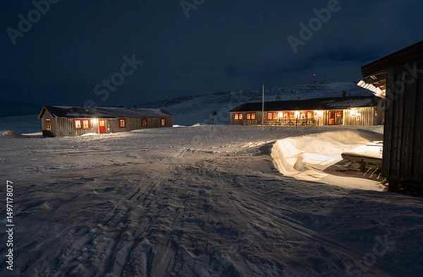 Fototapeta Helags Mountain station in Jämtland, Sweden, during a cold and windy night in March.
