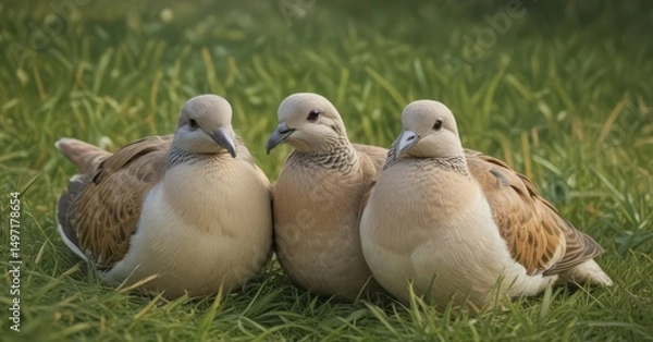 Obraz Two turtle doves nestled close, soft grass backdrop, turtle dove,  bird