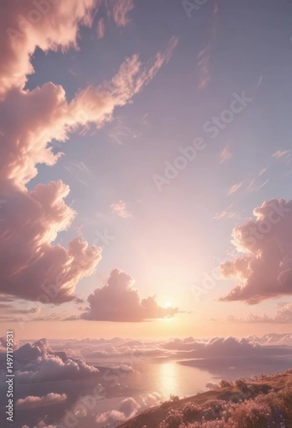 Obraz Soft pastel clouds surrounding a gentle sun, idyllic scene, scene, gentle, heavenly