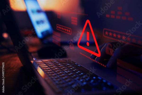 Fototapeta Security warning alert for hacker attack and data breach, cyberattack, phishing attack to steal user password.