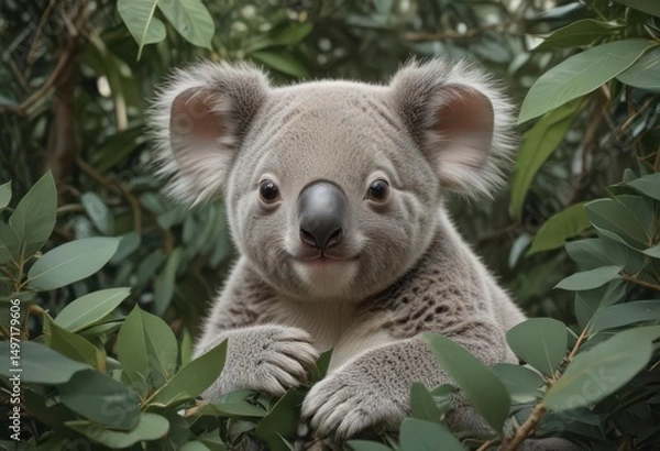 Obraz Adorable koala joey nestled amongst eucalyptus leaves, seamless repeat , illustration, koala, fauna