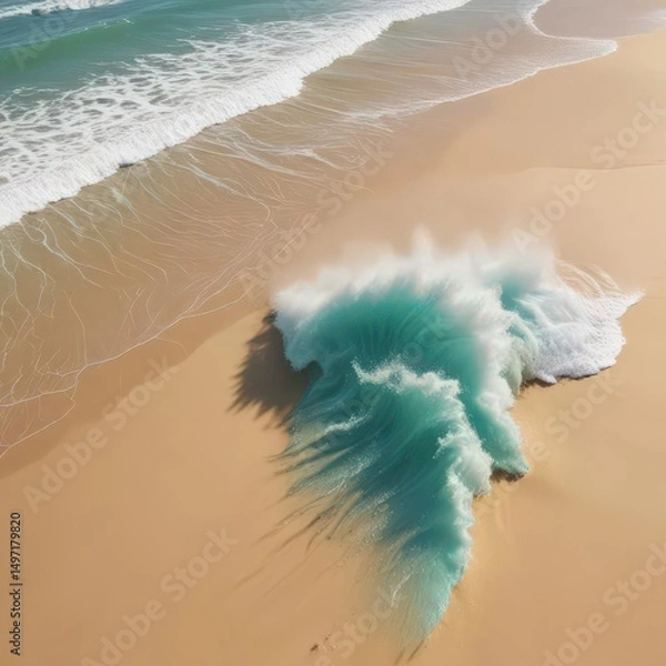 Obraz Emerald waves curl, turquoise foam bursts on golden sand , summer, crashing