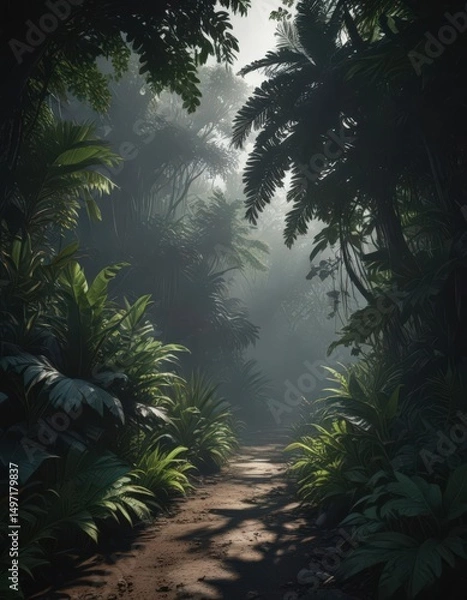 Obraz Dark, moody shadow falls across lush, exotic foliage ,  emerald,  art,  black