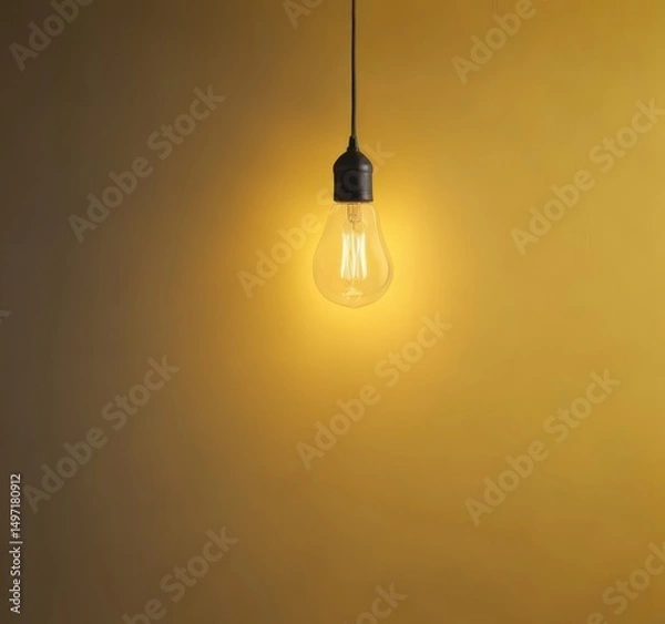 Obraz Bright yellow wall, single hanging lightbulb casts soft glow , golden, yellow background, fixture