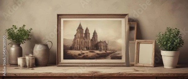 Obraz Retro photo mockup; antique feel, worn edges, faded color palette,  graphic,  image,  effect