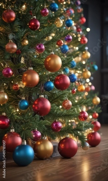 Obraz Vibrant baubles adorn a Christmas tree, glowing amidst a bokeh of festive lights ,  winter,  merry,  glow