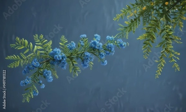 Obraz Vibrant blue banner, delicate mimosa branch, spring  , march, springtime