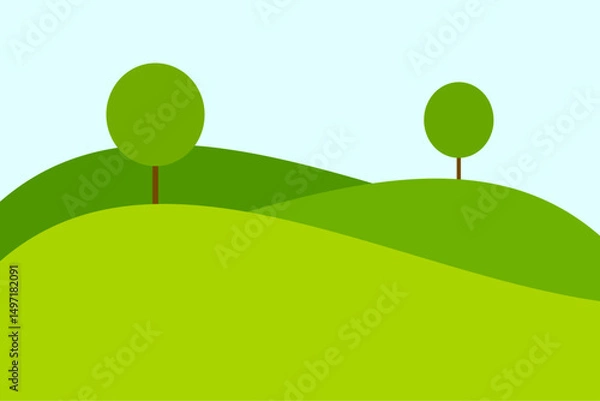 Fototapeta Green hills and trees rural landscape illustration. Vector background in flat design simple style.