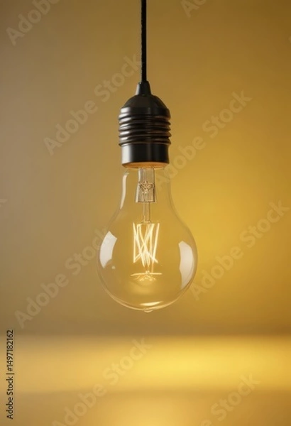 Obraz Single light bulb suspended, bright yellow background  ,  warm glow,  single point of light,  minimal
