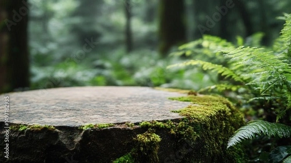 Fototapeta Mossy tree stump in a lush forest, ideal for product display.