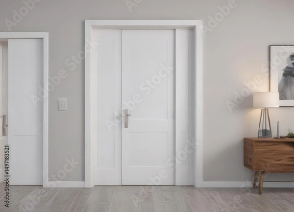 Obraz Modern white wooden interior doors, various open/closed positions ,  element,  overhead,  modern