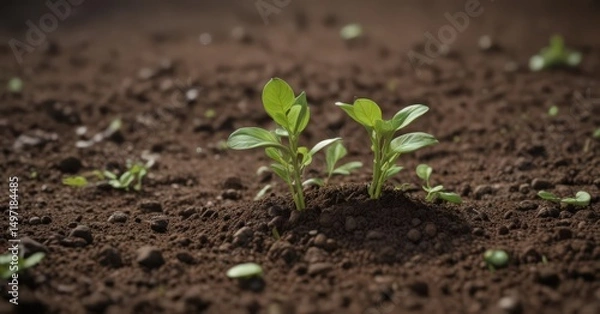 Obraz Pea sprout pushing through soil, vibrant green leaves,  spring,  new growth,  biology