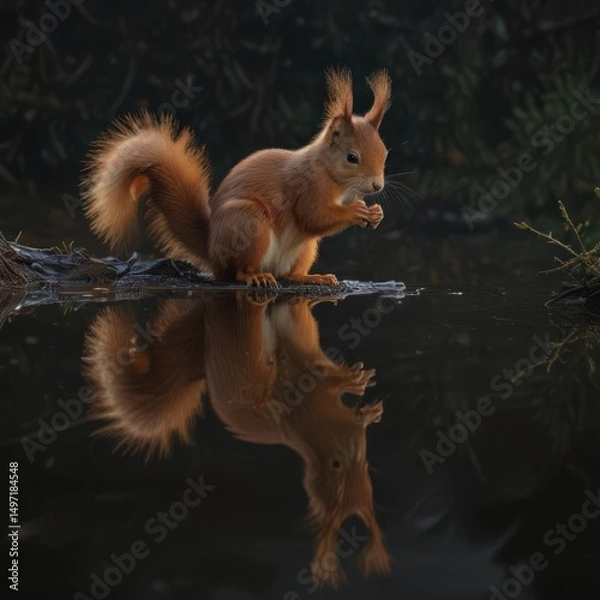 Obraz Red squirrel's reflection in dark, still water, dramatic contrast,  nature,  reflection,  pond
