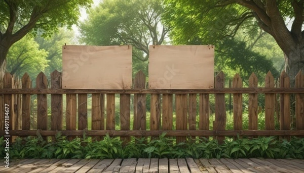 Obraz Rustic wooden fence with poster, green park backdrop, mockup, fence, sunshine